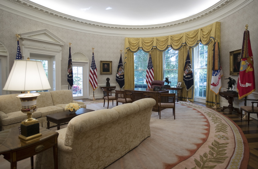 The refreshed Oval Office of the White House is seen in Washington on Tuesday during a media tour. New wallpaper was hung and the floors were refinished this month as part of a series of updates to the West Wing.