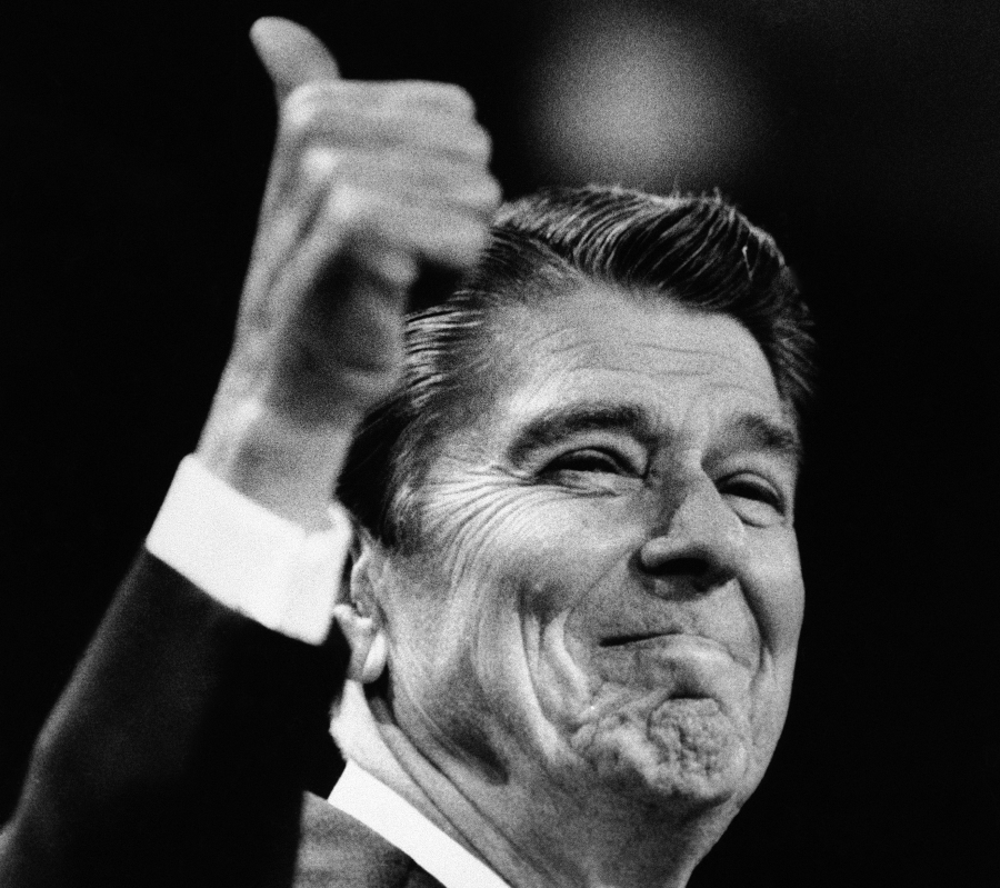 President Ronald Reagan gives a thumbs-up during his acceptance speech Aug. 23, 1984, at the final session of the Republican National Convention in Dallas.