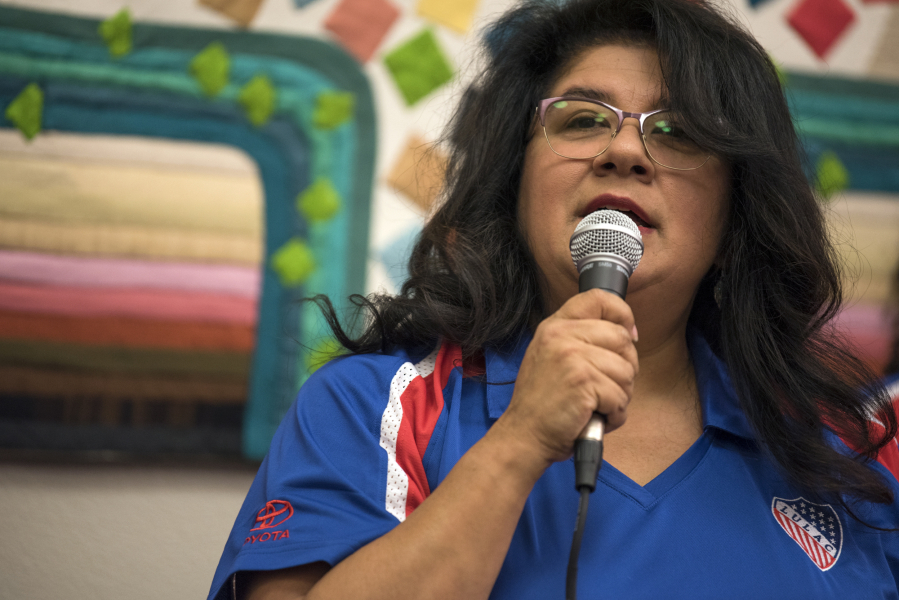 Diana Perez, state director of the League of United Latin American Citizens and founder of the Southwest Washington chapter, speaks Sept. 5 during a LULAC press conference regarding President Trump’s order to end the DACA program.