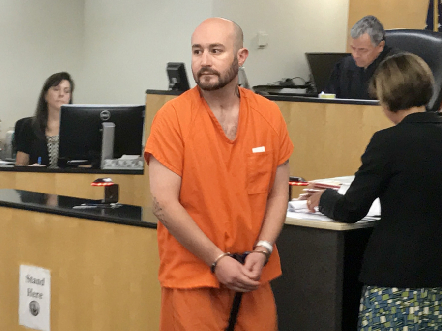 Christopher Ollar appears Tuesday in Clark County Superior Court in connection with a stabbing at a home in Vancouver’s Ogden neighborhood.