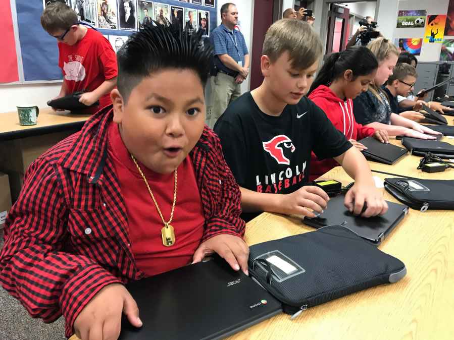 Battle Ground: Frontier Middle School sixth-graders were excited to receive their Chromebooks earlier this school. Evergreen Public Schools will hand out more than 800 to students as part of a multiyear effort to bring current technology to students.