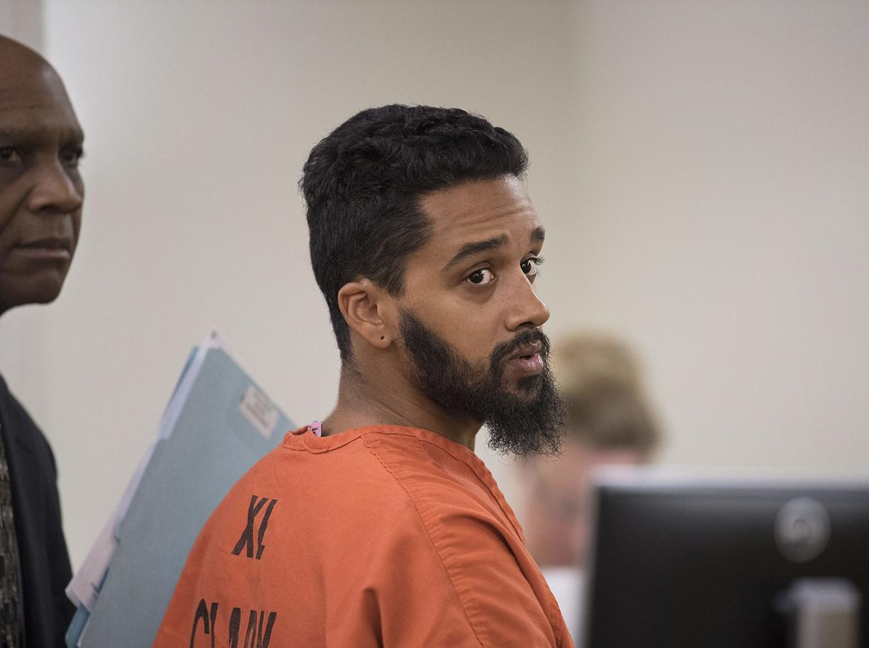 Joseph J. Carswell, 26, makes a first appearance on a charge of suspicion of first-degree assault in Clark County Superior Court on Friday morning.