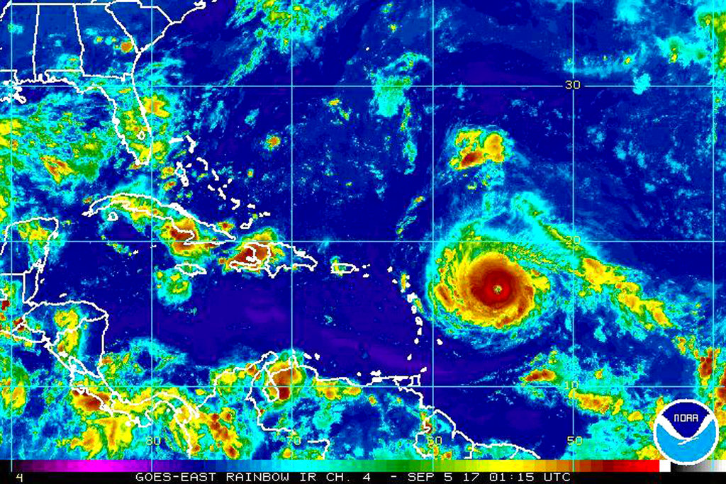 This Monday, Sept. 4, 2017, satellite image provided by the National Oceanic and Atmospheric Administration shows Hurricane Irma nearing the eastern Caribbean. Hurricane Irma grew into a powerful Category 4 storm Monday.