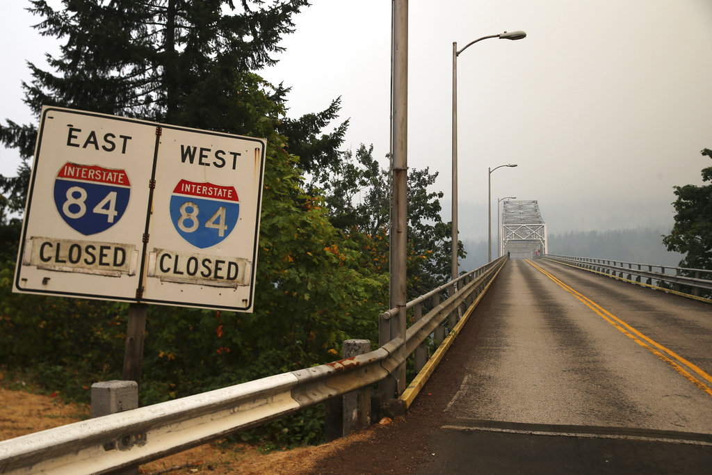 Interstate 84 and the Bridge of the Gods are closed, Tuesday afternoon, as the Eagle Creek wildfire rages near by, Tuesday, Sept. 5, 2017.