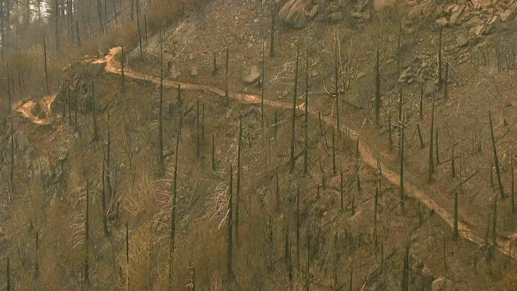 This image taken from video provided by KGW-TV Thursday, Sept. 7, 2017, shows fire damage to the area surrounding the Angel's Rest trail in the Columbia River Gorge near Cascade Locks, Ore. The fire has scorched 52 square miles (134 square kilometers) east of Portland, Ore., but firefighters, aided by cooler temperatures, have managed to contain some of the blaze.