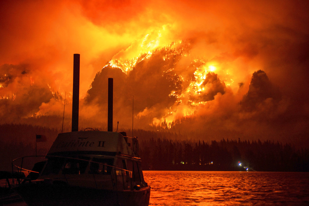This photo provided by KATU-TV shows the Eagle Creek wildfire as seen from Stevenson, across the Columbia River, burning in the Columbia River Gorge above Cascade Locks, Ore., on Sept. 4, 2017.