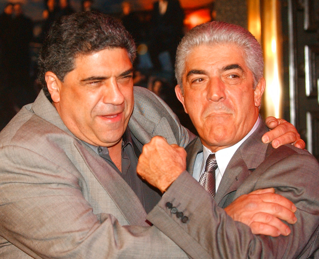 FILE - In this March 2, 2004 file photo, actors Vincent Pastore, left, and Frank Vincent rough around for photographers at the fifth season premiere of the HBO series "The Sopranos," at New York's Radio City Music Hall. Vincent, a veteran character actor who often played tough guys including mob boss Phil Leotardo on "The Sopranos," has died. He was 80.