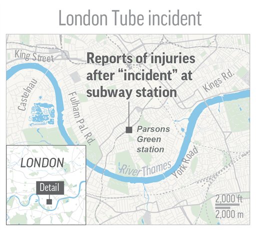 LONDON SUWBAY 091417: Map locates incident at Parsons Green subway station in London; 2c x 3 inches; with BC-EU--Britain-Subway Incident; ETA 5 a.m.