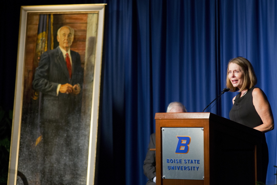 Tracy Andrus, daughter of Cecil Andrus, talks about the legacy of her father during the memorial service Thursday at the Jordan Ballroom in the Boise State University Student Union building in Boise, Idaho. Former U.S. Interior Secretary and Idaho Gov. Cecil D. Andrus was remembered Thursday as a conservation champion, education advocate and true Idaho leader by friends and family during a public memorial service.