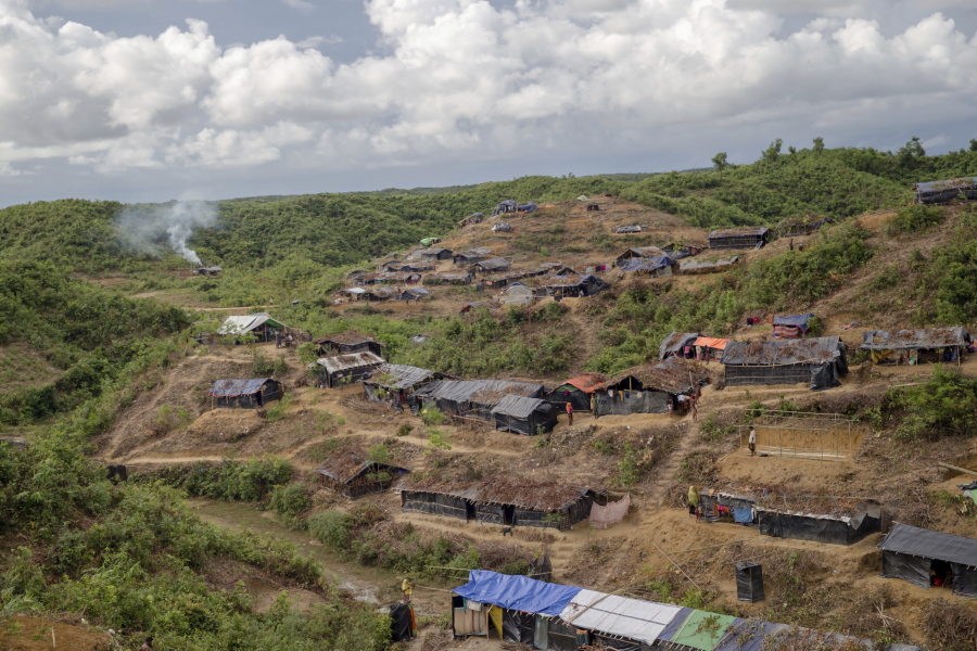 Newly set up tents cover a hillock at a refugee camp for Rohingya Muslims who crossed over from Myanmar into Bangladesh, in Taiy Khali, Bangladesh, on Wednesday.