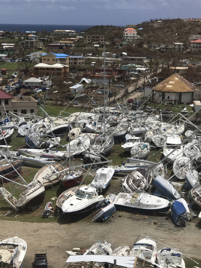 Some damaged boats at the Virgin Gorda Yacht Harbour sit Sept. 14 in the aftermath of Hurricane Irma on Virgin Gorda, in the British Virgin Islands.