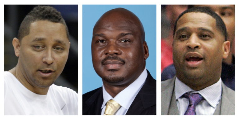 Assistant basketball coaches Tony Bland, left, Chuck Person, center, and Lamont Richardson. The three, along with assistant coach Lamont Evans of Oklahoma State, were identified in court papers and are among 10 people facing federal charges in Manhattan federal court, Tuesday, Sept. 26, 2017, in a wide probe of fraud and corruption in the NCAA, authorities said.