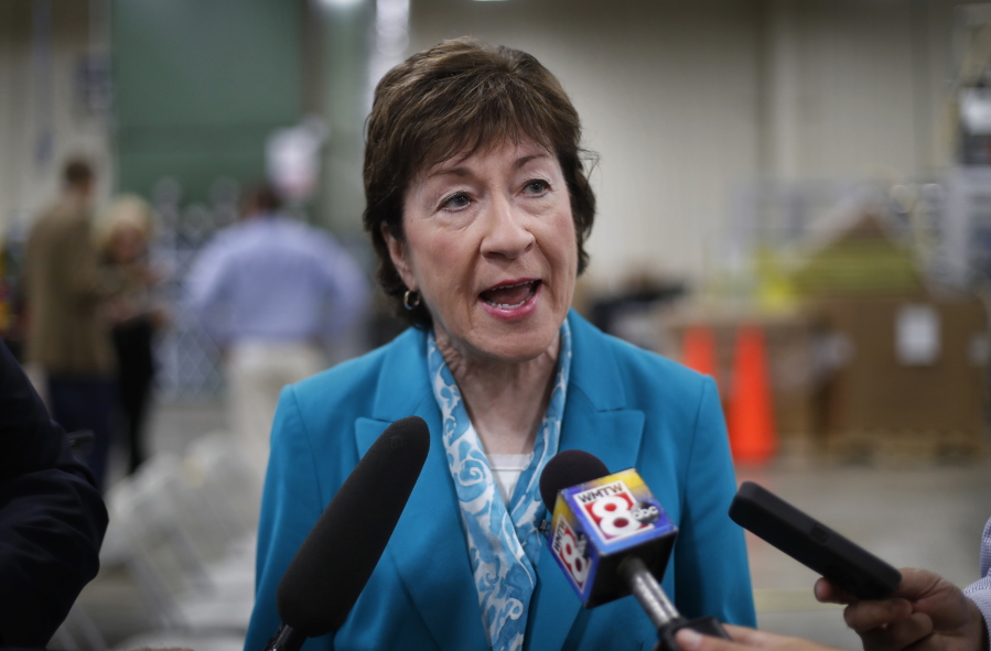 FILE - In this Thursday, Aug. 17, 2017, file photo, U.S. Sen. Susan Collins, R-Maine, speaks to members of the media while attending an event in Lewiston, Maine. Collins said Sunday, Sept. 24, she finds it “very difficult” to envision backing the last-chance GOP bill repealing the Obama health care law. That likely opposition leaves the Republican drive to fulfill one of the party’s premier campaign promises dangling by a thread. (AP Photo/Robert F.