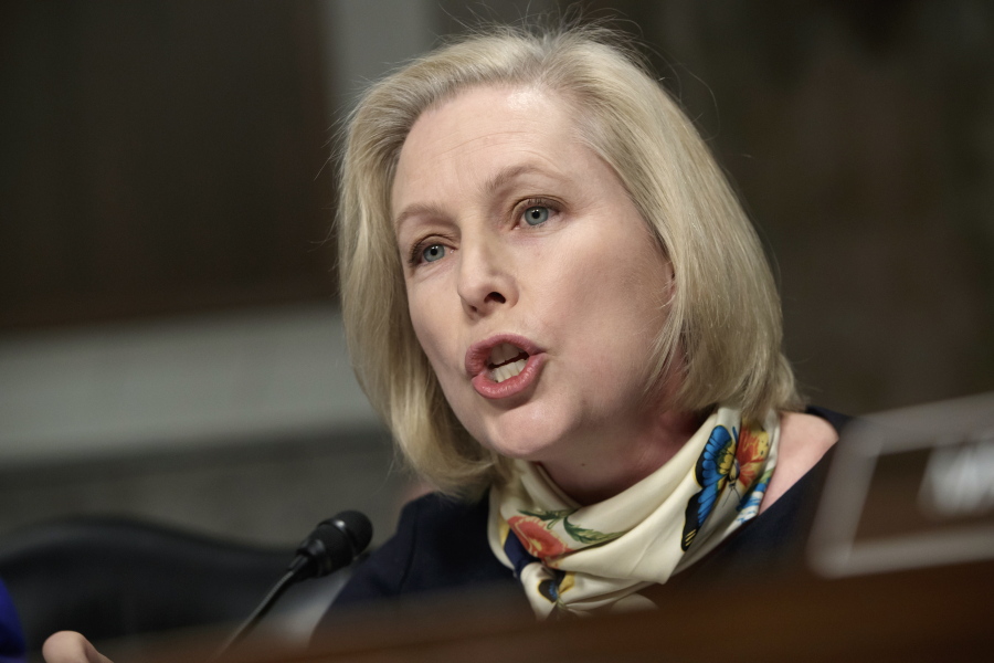 Sen. Kirsten Gillibrand, D-N.Y., questions Marine Gen. Robert B. Neller, the commandant of the Marine Corps, at a Senate Armed Services Committee on Capitol Hill in Washington. Gillibrand says sexual assault within the U.S. armed forces remains pervasive. That’s despite numerous changes to the military justice code ordered by Congress in the last five years. (AP Photo/J.