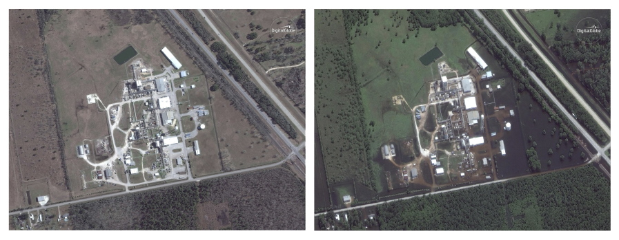 This combination of satellite images provided by DigitalGlobe shows the Arkema Inc. chemical plant in Crosby, Texas, on Jan. 29 and Aug. 31. Hurricane Harvey made landfall on Aug. 25. At least 2 tons of highly unstable chemicals used in such products as plastics and paint exploded and burned at a flood-crippled plant near Houston, sending up a plume of acrid black smoke that stung the eyes and lungs.
