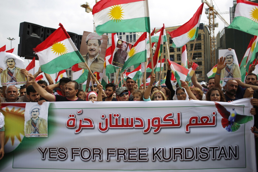 Kurds wave Kurdish flags during a rally to support an independence referendum in Iraq, at Martyrs Square in Downtown Beirut, Lebanon. On Monday Sept. 18, 2017, Iraq’s Supreme Court issued a temporary ban on a Kurdish autonomous region’s referendum on independence scheduled for Sept. 25.