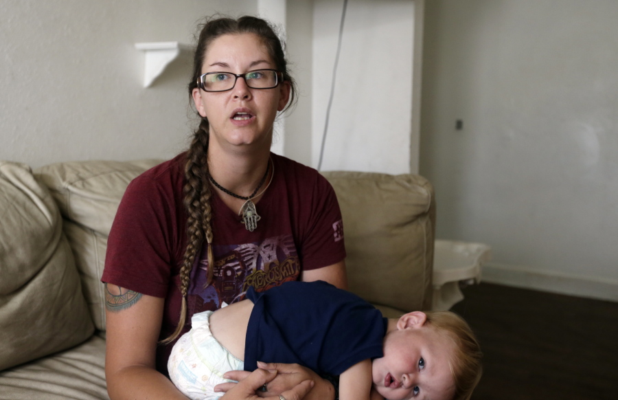Shelby Hoogendyk and her 17 month-old son Caelan, at the St. Francis House in St. Augustine, Fla. Hoogendyk, her son and husband were evacuated from the homeless shelter during Hurricane Irma. When they arrived at a hurricane shelter they were segregated from the rest of the evacuees. Advocated for the homeless say the ill treatment of homeless people during disasters is a national problem that reflects the lack of state and local emergency planning to deal with that population.