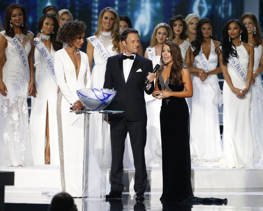 Miss North Dakota Cara Mund answers questions during the Miss America 2018 pageant, Sunday, Sept. 10 in Atlantic City, N.J. (AP Photo/Noah K.