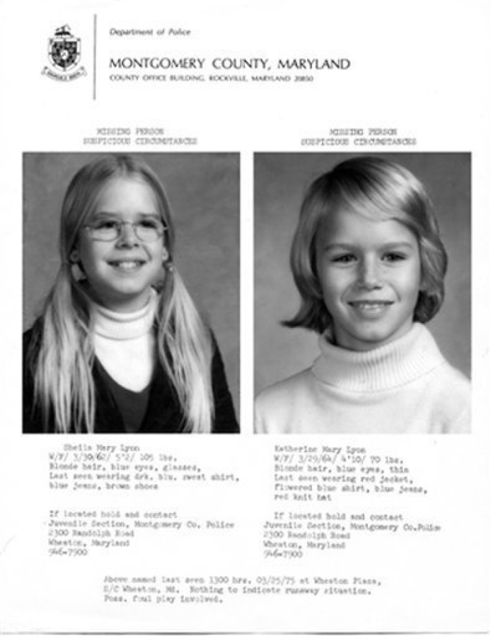 FILE - This image provided by the Montgomery County, Md., Police Department shows the original missing person/suspicious circumstances bulletin for the 1975 disappearance of sisters Sheila Lyon, left, and Katherine Lyon in Maryland, who never returned home from a shopping mall. Lloyd Lee Welch Jr., who plead guilty in the killing of the two young sisters, was sentenced Tuesday, Sept. 12, 2017, to two 48-year prison terms, more than four decades after the girls vanished during a trip to a local shopping mall.