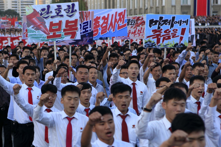 North Koreans gather at Kim Il Sung Square to attend a mass rally against America on Saturday in Pyongyang, North Korea, a day after the country’s leader issued a rare statement attacking Donald Trump.