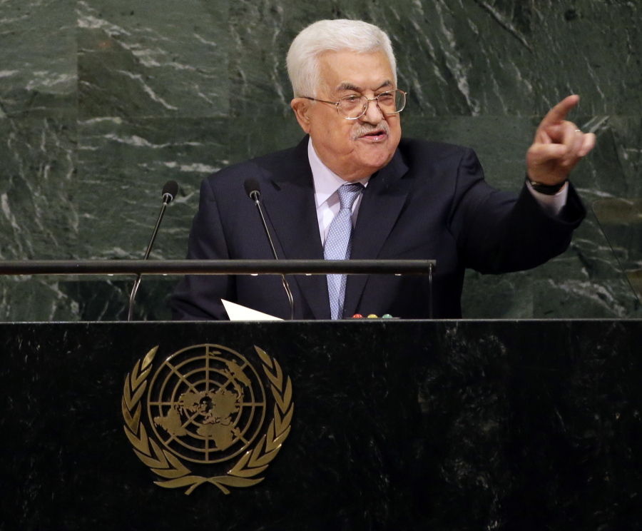 Palestinian President Mahmoud Abbas speaks during the General Assembly at the U.N. headquarters.
