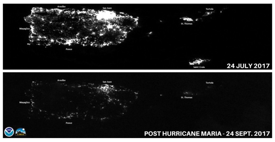 These photos show lights in Puerto Rico on July 24, top, and on Monday, days after Hurricane Maria. The capital, San Juan, is the bright area at top.