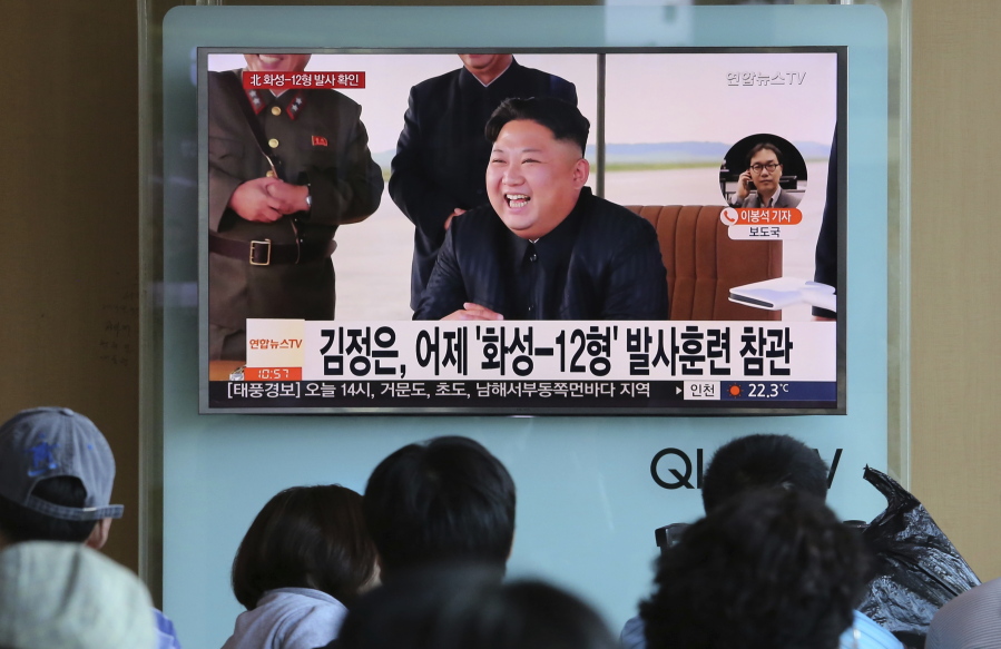 People watch a TV screen showing a local news program reporting about North Korea’s missile launch with an image of North Korean leader Kim Jong Un, at the Seoul Railway Station in Seoul, South Korea, Saturday, Sept. 16, 2017. North Korea leader Kim said his country is nearing its goal of “equilibrium” in military force with the United States, as the United Nations Security Council strongly condemned the North’s “highly provocative” ballistic missile launch over Japan on Friday.