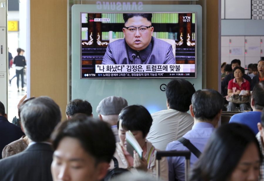 People watch a TV screen showing an image of North Korean leader Kim Jong Un delivering a statement in response to U.S. President Donald Trump’s speech to the United Nations, in Pyongyang, North Korea, at the Seoul Railway Station in Seoul, South Korea, Friday, Sept. 22, 2017. Kim, in an extraordinary and direct rebuke, called U.S.