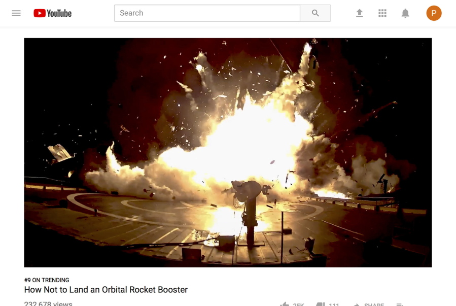This image from a video posted on YouTube by SpaceX on Thursday shows one of the unsuccessful landings of the company’s orbital rocket boosters. SpaceX chief Elon Musk can afford to poke fun at his early, pioneering efforts at rocket recycling, now that his private company has pulled off 16 successful booster landings. The most recent occurred in early September in Florida.