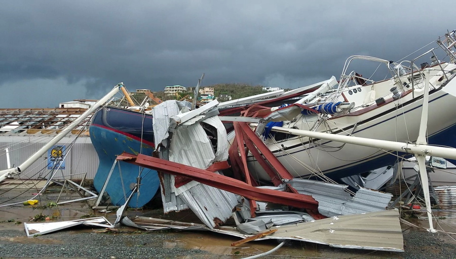 This image made from video shows damage from Hurricane Irma in St. Thomas, U.S. Virgin Islands, Thursday, Sept. 7, 2017. Hurricane Irma weakened slightly Thursday with sustained winds of 175 mph, according to the National Hurricane Center. The storm boasted 185 mph winds for a more than 24-hour period, making it the strongest storm ever recorded in the Atlantic Ocean. The storm was expected to arrive in Cuba by Friday. It could hit the Florida mainland by late Saturday, according to hurricane center models.