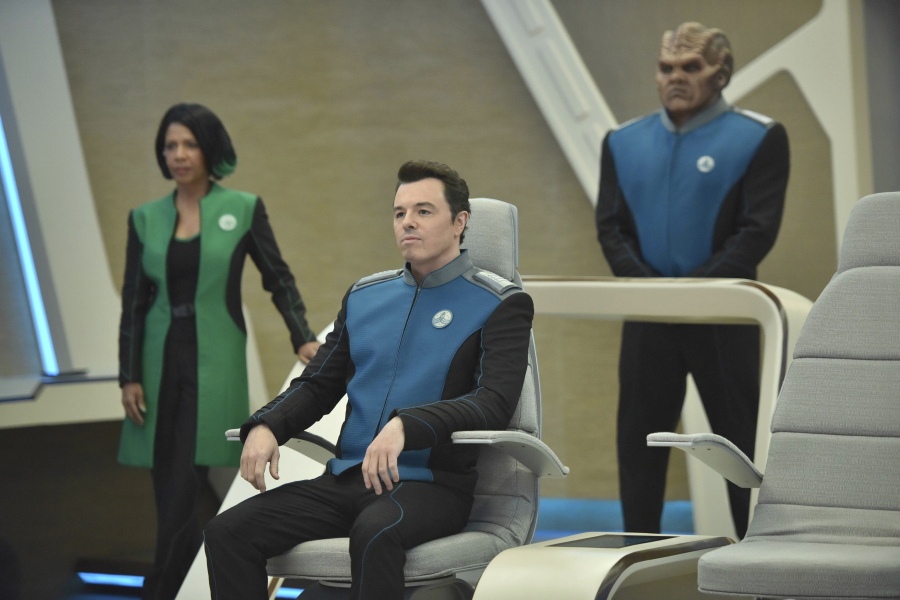 Penny Johnson Jerald, from left, Seth MacFarlane and Peter Macon in a scene from “The Orville,” premiering Sept. 10, on Fox.