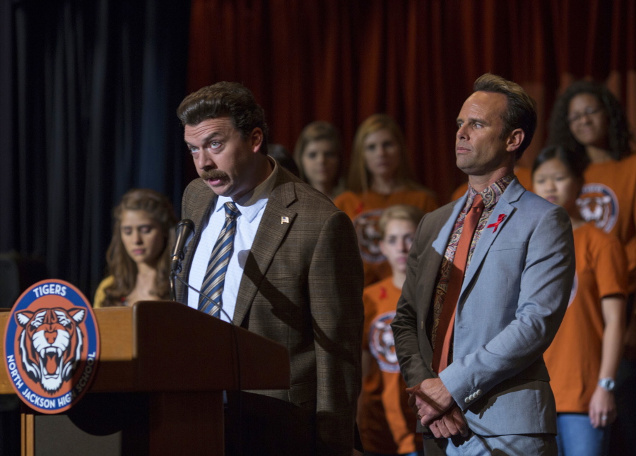 This image released by HBO shows Danny McBride, foreground left, and Walton Goggins in a scene from, “Vice Principals,” returning for a second season on Sunday.