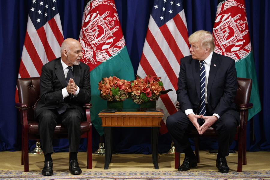President Donald Trump meets with Afghan President Ashraf Ghani at the Palace Hotel during the United Nations General Assembly on Thursdayin New York.