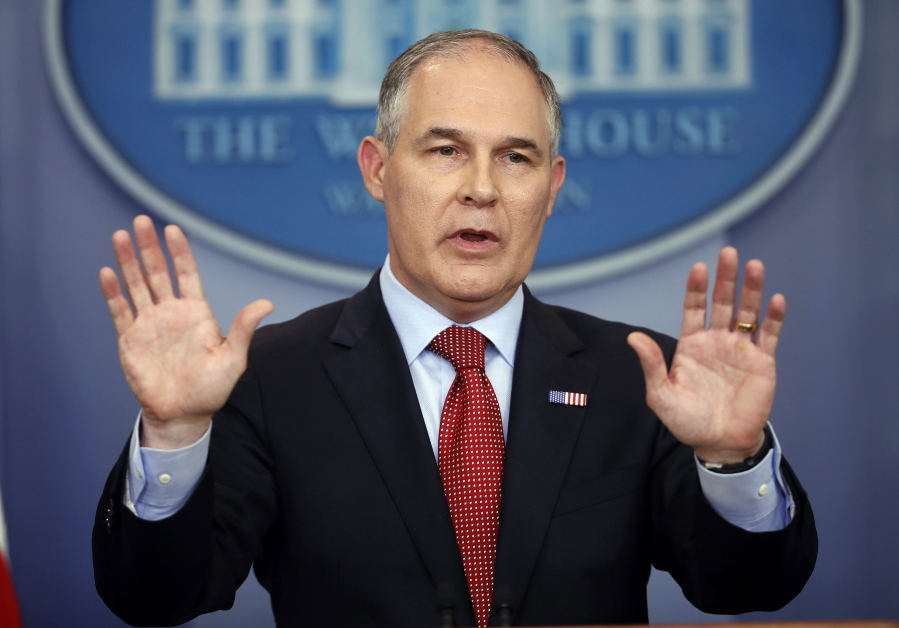 EPA Administrator Scott Pruitt speaks to the media in the Brady Press Briefing Room of the White House in Washington. Employees at the Environmental Protection Agency are attending mandatory training sessions this week to reinforce federal laws and rules against leaking government information. Training materials from the hour-long class were obtained by The Associated Press.