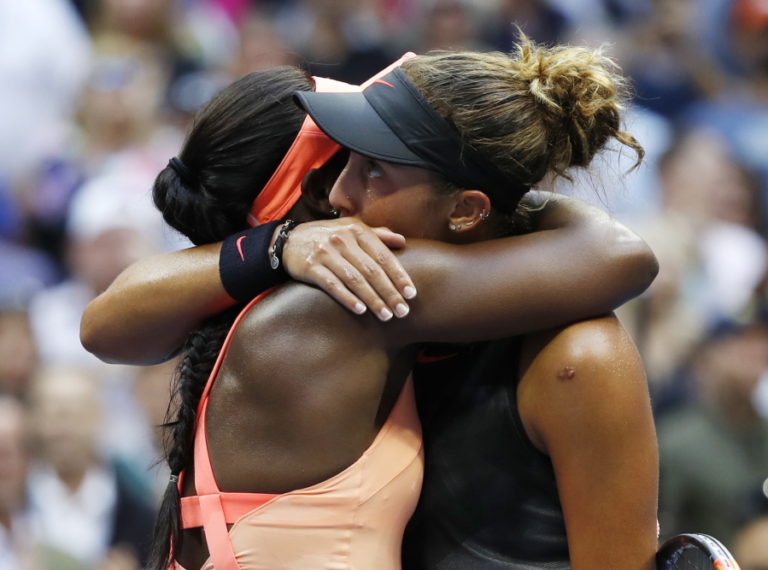 Sloane Stephens, of the United States, left, hugs Madison Keys, of the United States, after winning the women’s singles final of the U.S. Open tennis tournament, Saturday, Sept. 9, 2017, in New York.