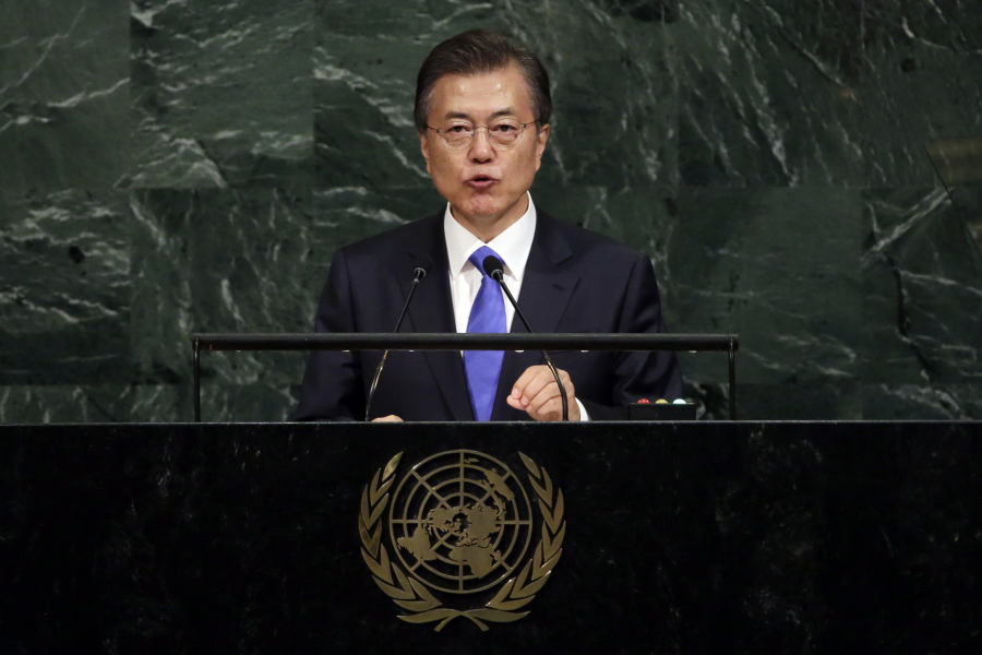 President Moon Jae-in of South Korea addresses the United Nations General Assembly at U.N. headquarters Thursday.