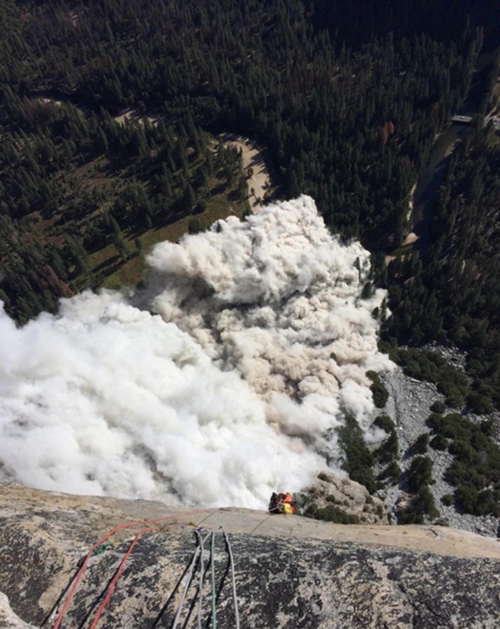 This Thursday, Sept. 28, 2017 photo provided by climber Ryan Sheridan shows a new rock fall from El Capitan in Yosemite National Park, Calif. Sheridan had just reached the top of El Capitan when Thursday's slide let loose below him. Sheridan told The Associated Press that "there was so much smoke and debris," and clouds of dust filled the entire valley below. He said Thursday's rock slide happened in the same location as the one on Wednesday at the El Capitan rock formation.