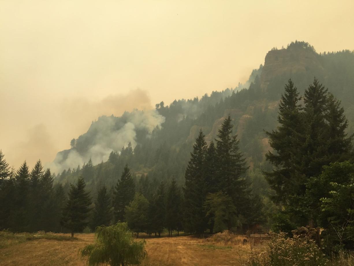 Fire burns on the flank of Archer Mountain in western Skamania County in this photo released Saturday by the state Department of Natural Resources.