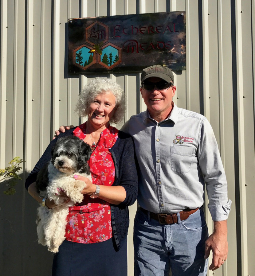Shirley and Gary Gross of Ethereal Meads with their dog, Nellie, at their meadery in Battle Ground.