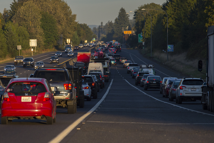 Traffic from Southeast 164th Avenue merges onto westbound state Highway 14 last Wednesday morning. Traffic congestion between 164th and the Interstate 205 can get especially bad during peak hours. Now WSDOT is looking to expand the roadway in the corridor.