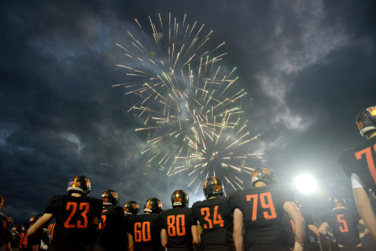 Fireworks go off in front of the Washougal football team on Friday, Oct. 6, 2017.