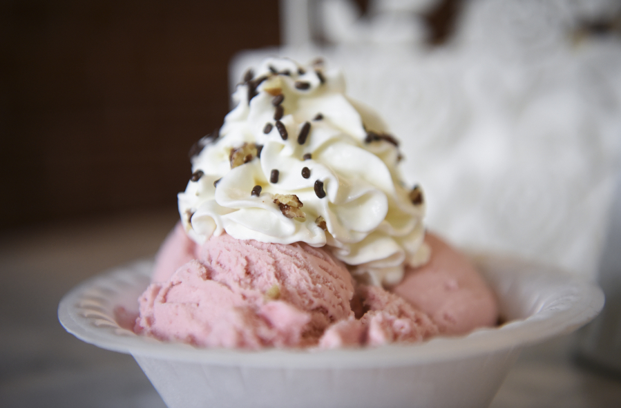 Strawberry ice cream from Cascade Creamery at Fleur Chocolate in Vancouver.