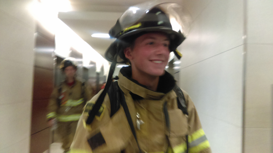 Felida: Adam Pozsgai, a Skyview High School senior and fire cadet with Clark County Fire District 6, after competing the Portland Firefighter Stair Climb. He raised $5,070 for cystic fibrosis for the climb.