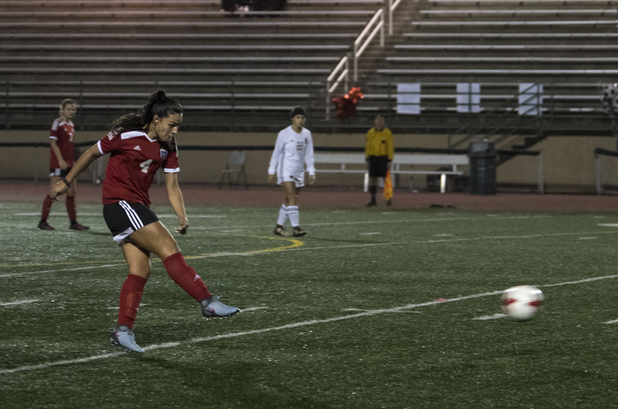 Camas' Maddie Kemp (4) attempted a shot on goal during Thursday night's game at McKenzie Stadium in Vancouver on Oct. 19, 2017. Camas won 2-0.