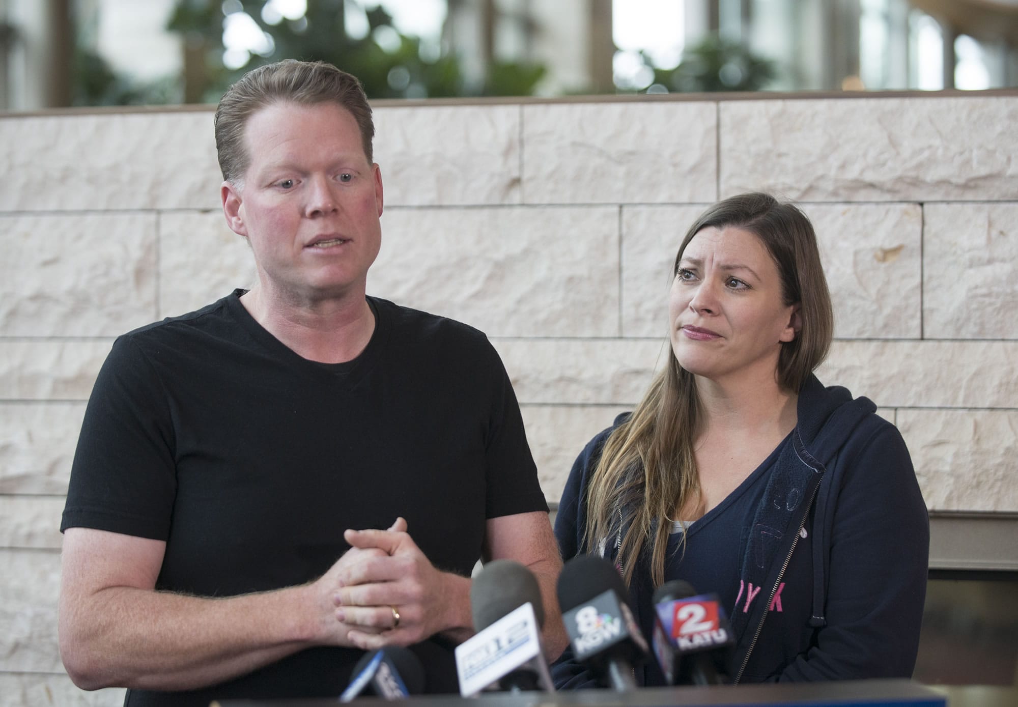 Andrew Yates, left, speaks about the condition of his daughter, Chloe Yates, 17, who was critically injured in a head-on collision on I-5 the evening of October 9, while Shannon Yates, Chloes mother, right, listens to her husbands statement during a press conference at PeaceHealth Southwest Medical Center, Friday October 20, 2017.