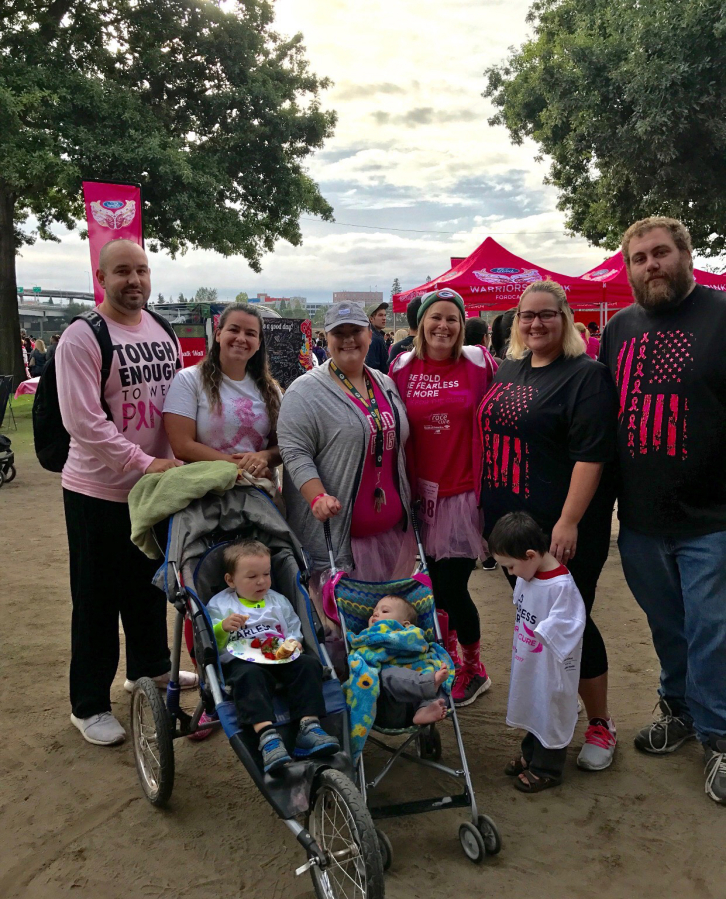 Provided by Tracy Keller Joshua Alexander, from left, Shayna Alexander, Kayla Larsen, Tracy Keller, Krysta Watkins and Nate Watkins, with children Carter Alexander, from left, Frankie Watkins and Landon Watkins participate in the 2017 Race for the Cure. Tracy Keller of Washougal was diagnosed with Stage 3C breast cancer in February 2015 and has now been clear of cancer for two years. “I race, and continue to fight the battle, for my family,” Keller said.