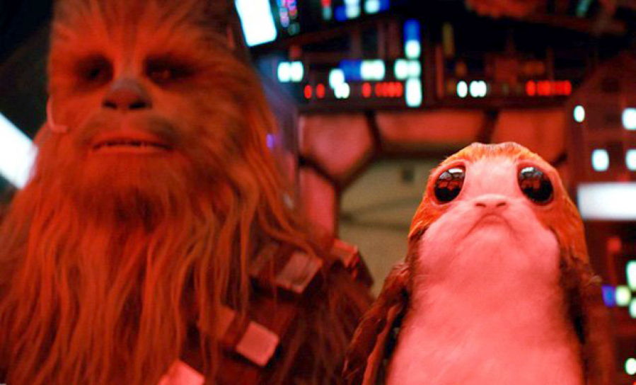 “Star Wars: The Last Jedi” introduces the porg, right, with Chewbacca.