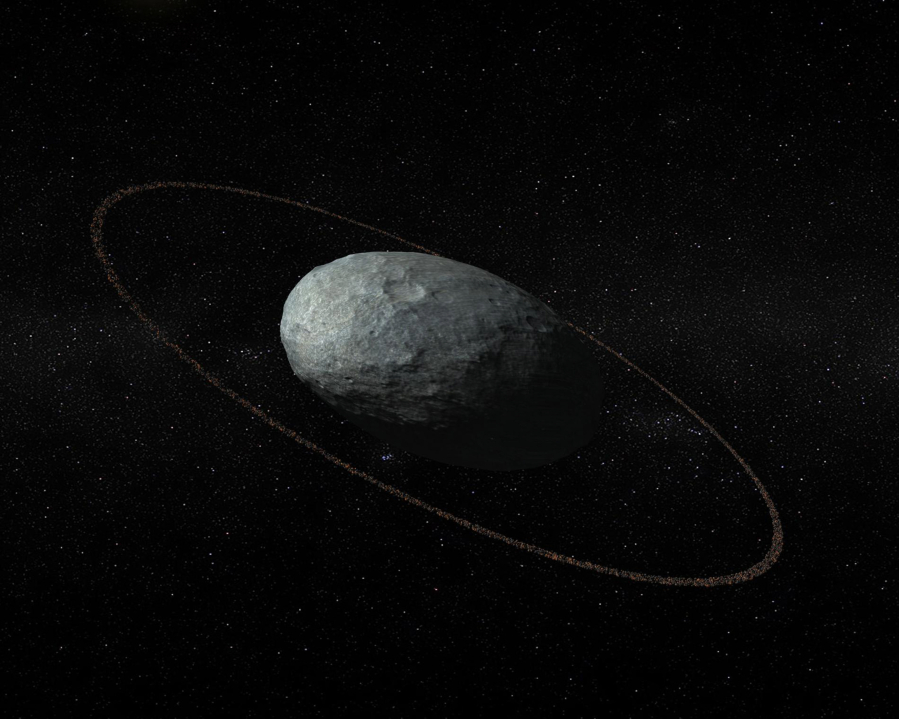 An illustration of the dwarf planet Haumea and its ring system. It was seen through telescopes in Europe on Jan. 21.