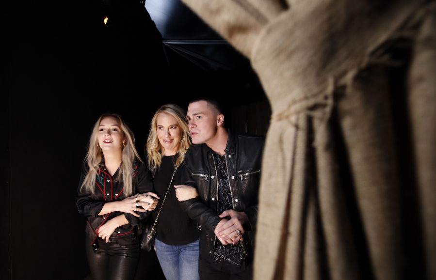 Actors Billie Lourd, from left, Leslie Grossman and Colton Haynes, members of the cast of the new season of FX’s “American Horror Story,” get spooked Sept. 22 while going though the American Horror Story: Roanoke attraction at Universal Studios.