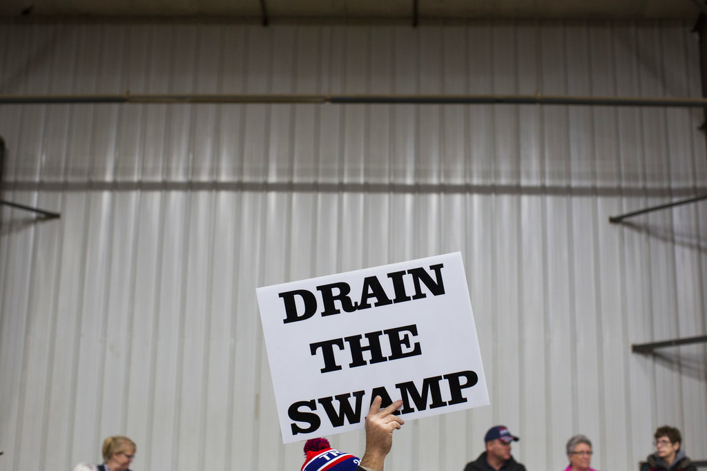 FILE - In this Oct. 27, 2016, file photo, supporters of then-Republican presidential candidate Donald Trump hold signs during a campaign rally in Springfield, Ohio. Despite President Donald Trump’s campaign to “drain the swamp” of lobbyists and special interests, Washington’s influence industry is alive and well _ and growing. Former members of the Trump transition team, presidential campaign, administration and friends have set up shop as lobbyists and cashed in on connections, according to a new analysis by Public Citizen, a public interest group, and reviewed by The Associated Press.